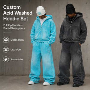 Custom Acid Washed Sweat Suit Full Zip Hoodies Tracksuit Set