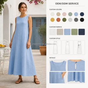 Yegao Wholesale Custom Summer Low MOQ Maxi 100% Linen Woven Breathable A-Line O-Neck OEM Solid Color Dresses Women Casual