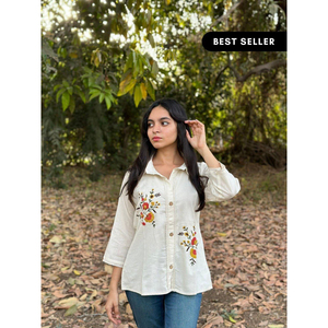 Hand Embroidered Crochet Lace Floral Embroidery Office Wear Khadi Cotton Ladies Shirt