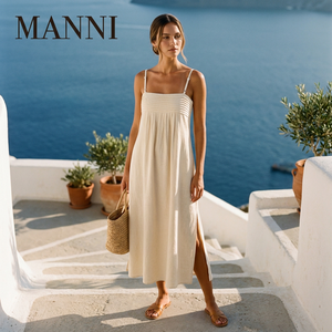 OEM Linen Dress Women Pintuck Pleated Spaghetti Strap Side Slit Maxi Wholesale Bulk Custom Logo Plus Size Lot