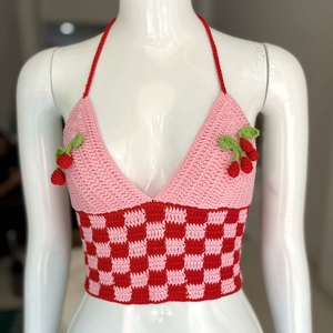 Women Sexy Handmade Breathable Cotton Knit Floral Lace Halter Crochet Top