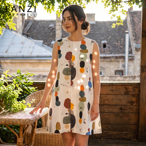 Quiet Luxury Zen Aesthetic Abstract Colorful Print Natural Linen Blend Sleeveless A-Line Sundress Wholesale Custom Logo ODM