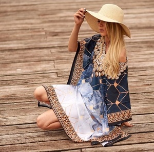 Cotton Kaftan Midi Dress Long Sleeve Boho Floral