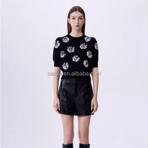 Women's Crew Neck Sweater Top With Custom Hand Embroidery Rose