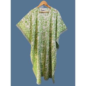 Bohemian Green Floral Block Print Cotton Kaftan