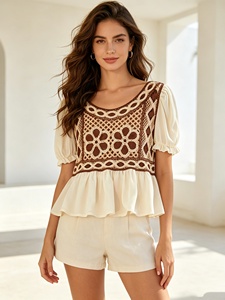 OEM ODM Bohemian Floral Embroidery Crochet Chiffon Blouse Women Summer