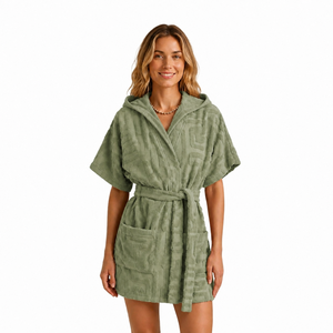 Wholesale Jacquard Cotton Terry Short Bathrobe Shawl Collar Kimono Spa Robe Custom Logo for Hotel Beach Pool Resort